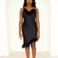 'Belle' Asymmetric Feather Trim Black Dress | Made to Order