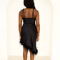 'Belle' Asymmetric Feather Trim Black Dress | Made to Order